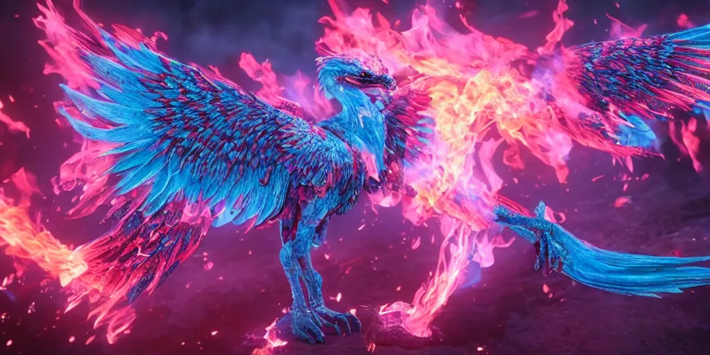 Image similar to pink and blue flaming phoenix, unreal engine 5, intricate, detailed, realistic