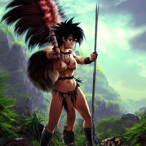 Prompt: barbarian warrior woman with chimera cat tail, cat tail, furry tail, barbarian pelt, cavewoman, black hair, electrified hair, wild spiky black saiyan hair, surrounded by electrical aura, prowling around primeval jungle, palm trees, rocks, mountains, red sky, hyperdetailed, ultra high definition, realism, 4 k, frank frazetta