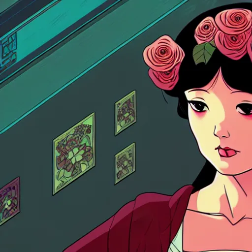 Image similar to portrait, princess, roses, satoshi kon, ethereal, glossy, laurie greasley, unconscious, illusions, intuition