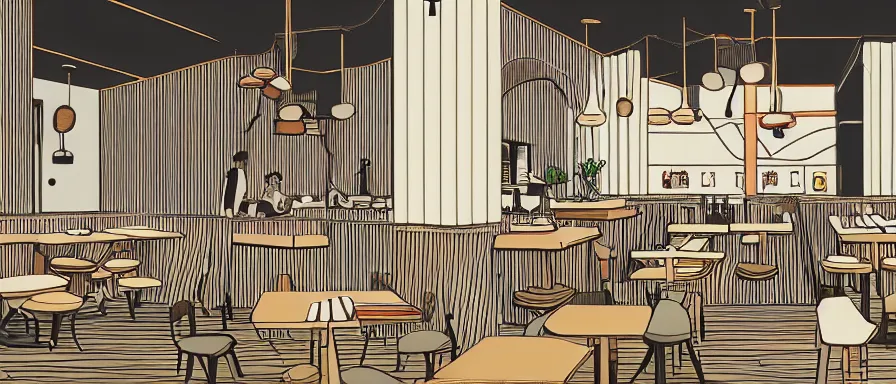 Image similar to a beautiful interior view illustration of a small roasted string hotpot restaurant of baota mountain in yan'an city, restaurant wall paper is tower and mountain, rectangle white porcelain table, black chair, animation illustrative style, from china, simple style structure decoration design, victo ngai, james jean, 4 k hd