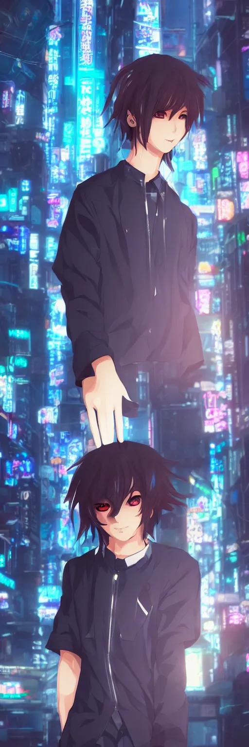 Image similar to a beautiful portrait of a cute anime boy in cyberpunk city. volumetric lighting, subsurface scattering, hyperrealistic, render, hyperdetailed