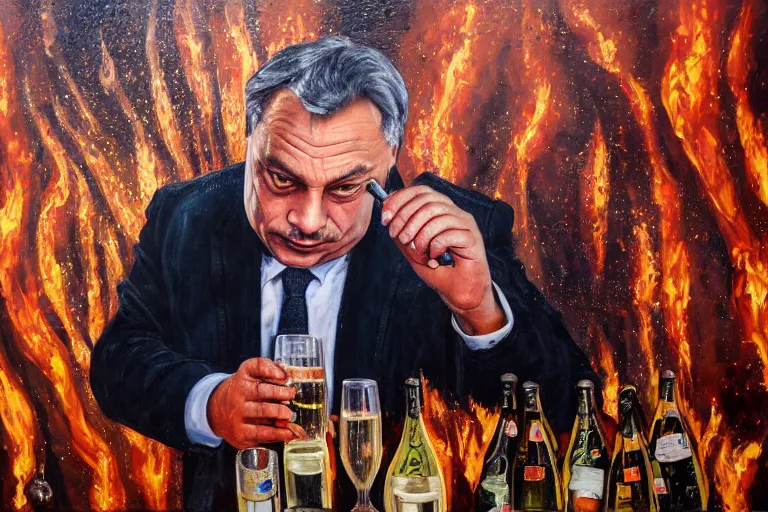 Image similar to viktor orban drinking champagne in front a burning city, highly detailed eyes, oil on canvas