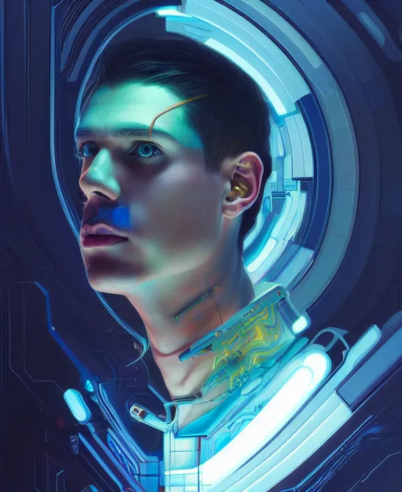 Image similar to a whirlwind inside the metaverse, guy, male, man, hologram, half body, neurochip, android, cyborg, cyberpunk face, by loish, d & d, fantasy, intricate, elegant, highly detailed, colorful, digital painting, artstation, concept art, art by artgerm and greg rutkowski and alphonse mucha