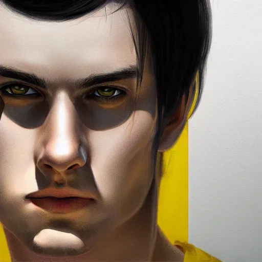 Image similar to ultra realistic illustration, a young man with black hair, in a yellow t - shirt, with blue eyes, highly detailed, digital painting, artstation, concept art, smooth, sharp focus, illustration