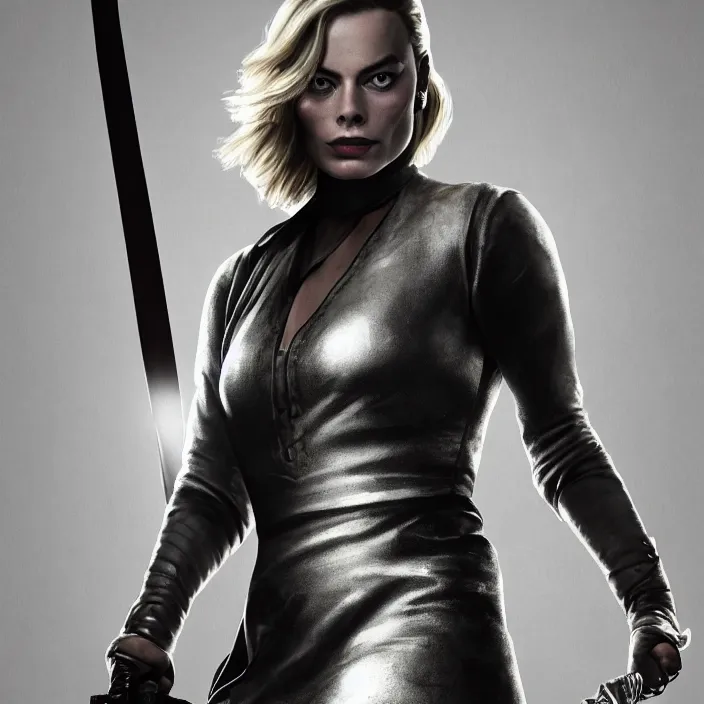 Prompt: margot robbie, sword in her hands. very coherent symmetrical artwork. cinematic, high detail, octane render, 8 k