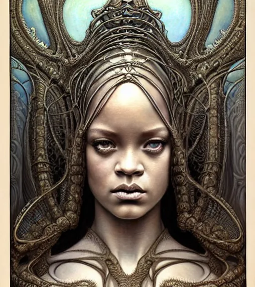 Image similar to detailed realistic beautiful young medieval alien robot rihanna face portrait by jean delville, gustave dore and marco mazzoni, art nouveau, symbolist, visionary, gothic, pre - raphaelite. horizontal symmetry by zdzisław beksinski, iris van herpen, raymond swanland and alphonse mucha. highly detailed, hyper - real, beautiful, fractal baroque