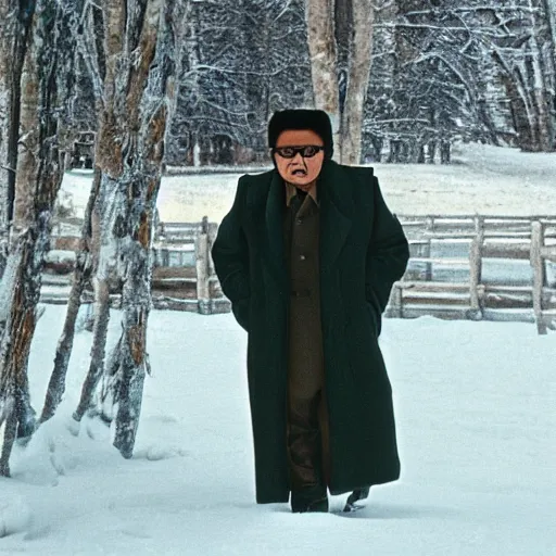 Image similar to filmstill of Kim Jong-il wearing a furry chapka and playing the role of Omar Sharif in Doctor Zhivago by David Lean, man in grey winter coat, cold Russian winter, snow and trees, Prussian architecture, old Russian interior, Doctor Zhivago movie shot, minimal composition, 1965, cinemascope, Eastman Color Negative 50T 5251 Neg. Film, epic romance