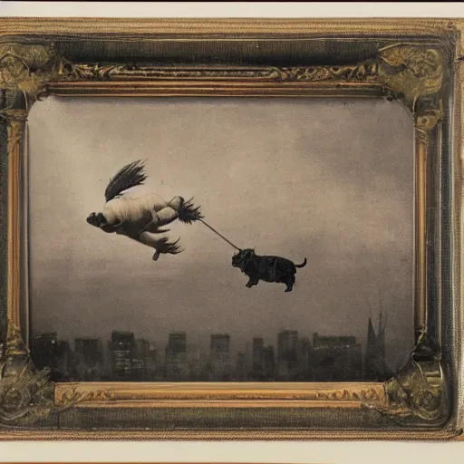 Image similar to a pig flying above new york