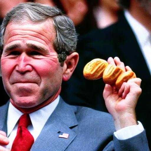 Prompt: George W. Bush sorrowfully beholds a single pretzel. Sincere regret, loss, disappointment, and shame. CineStill.