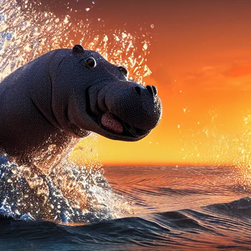 Image similar to a closeup photorealistic photograph of a cute smiling knitted tiger hippopotamus splashing in the surf at sunset. waves in background. professional capture. brightly lit scene. this 4 k hd image is trending on artstation, featured on behance, well - rendered, extra crisp, features intricate detail, epic composition and the style of unreal engine.