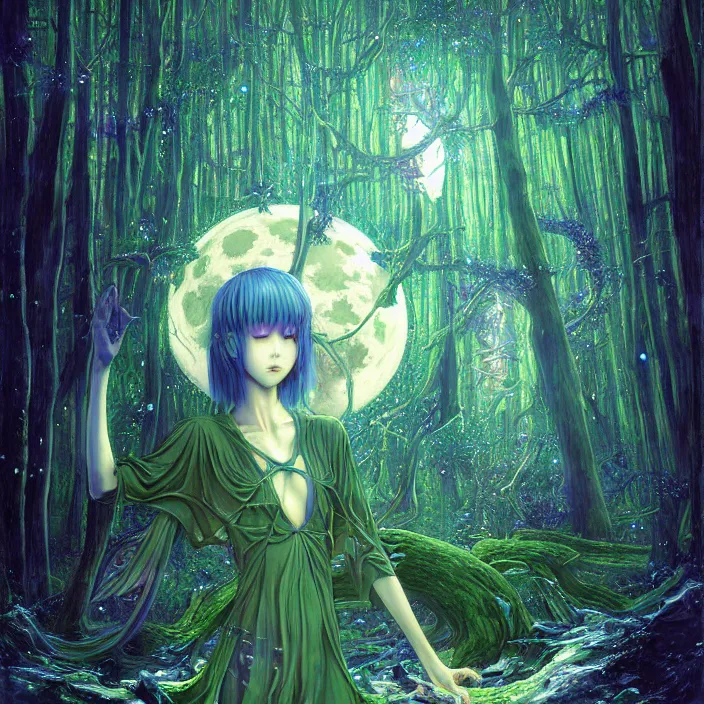 Prompt: dreamscape forest rei ayanami with horns, the moon in the woods, earth from the moon, fractal, liminal space, Japan Lush Forest, Leviathan awakening from Japan in a Radially Symmetric Alien Megastructure turbulent bismuth glitchart Luminism Romanticism by John William Waterhouse Atmospheric Cinematic Environmental & Architectural Design recusion mandelbulb fractal wisdom acrylic pouring