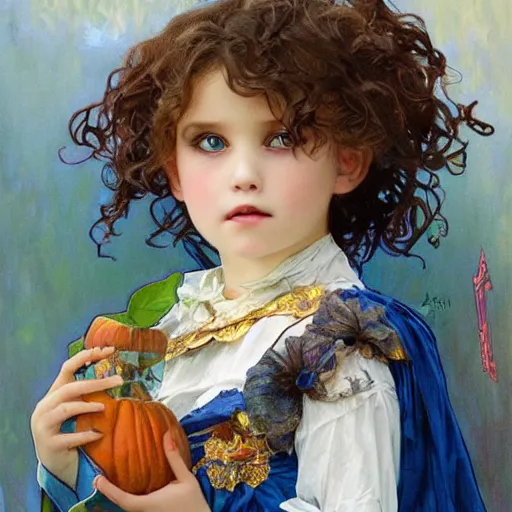 Prompt: a little girl with short wavy curly hair and blue eyes in the most amazing children's halloween costume. painting by artgerm and greg rutkowski and alphonse mucha.