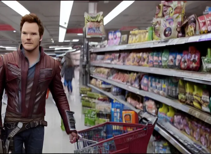 Image similar to film still of star - lord played by chris pratt shopping in a supermarket in the new guardians of the galaxy movie, 4 k, 8 k, photorealistic, highly detailed face and eyes