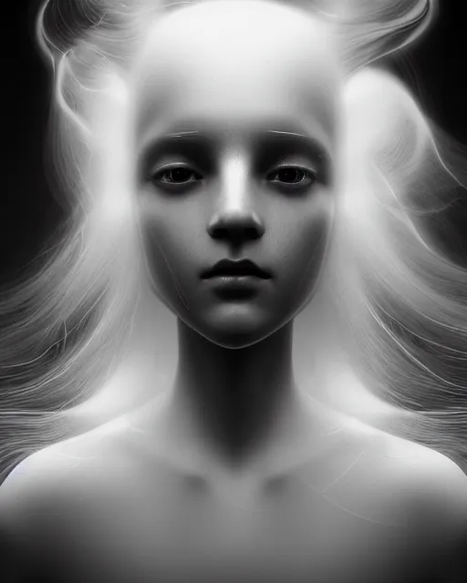 Image similar to delicate, dreamy, feminine, subsurface scattering, white, young beautiful robot - cyborg in cosmos long white hair floating in air, fluid smoke art, black and white, octane render, dino valls, mark ryden, joe fenton, michal karcz, highly detailed, rim light, art, cinematic lighting, very coherent, hyper realism, 8 k