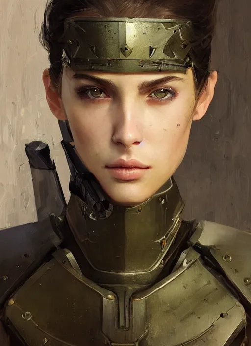 Image similar to a professional painting of a beautiful young female, clothed in military armor, olive skin, long dark hair, beautiful bone structure, symmetrical facial features, intricate, elegant, digital painting, concept art, smooth, sharp focus, illustration, from Metal Gear, by Ruan Jia and Mandy Jurgens and Artgerm and William-Adolphe Bouguerea