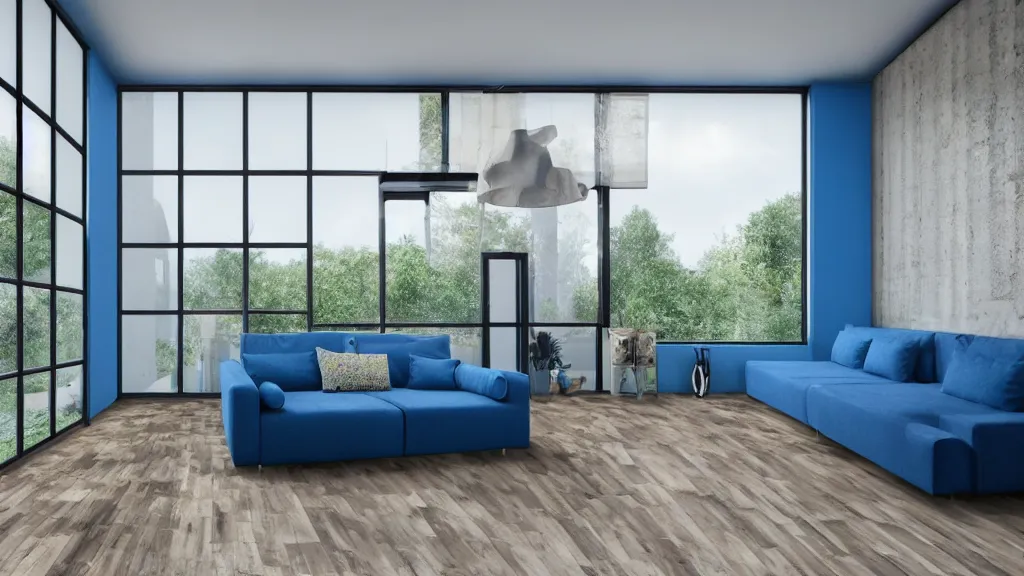 Prompt: hyper realistic image of a living room with a sofa in the middle and large window behind, blue oxide flooring, concrete, glass, wood, puppies everywhere