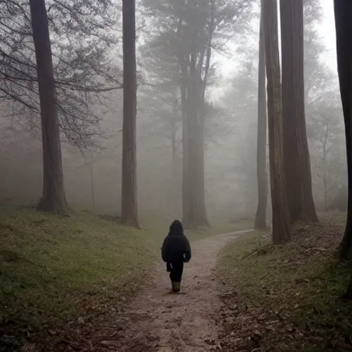 Prompt: goblin walking through the woods. Foggy. Dimly lit. Eerie. Spooky.