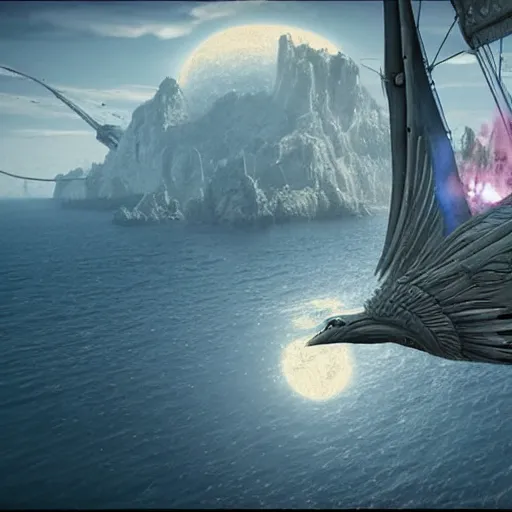 Image similar to pirateship with wings in the sky by H.P. Lovecraft, abaddon and magali villeneuve, ghibli moebius, 8k, epic scene, scifi, unreal engine, trending on cg station. masterpiece.