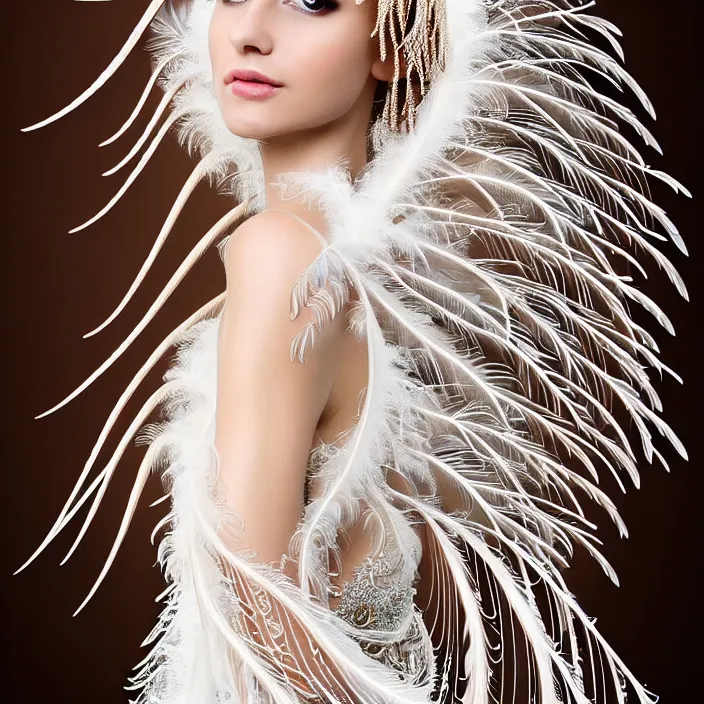Prompt: photo portrait of a beautiful woman like a queen-feathers-angel, dressed in long elegant intricate ornamental roots white dress, natural skin tone, intricate mandelbrot fractal highly detailed feathers ornament in the upper side of breast, bust with a very long neck , hair are wired feathers, elegant, highly detailed intricate feathers ornament in her long hair, Realistic, Refined, Highly Detailed, natural outfoor lighting colors scheme, fine art photography by Lindsay Adler, volumetric lighting, hyper realistic photography, 8k