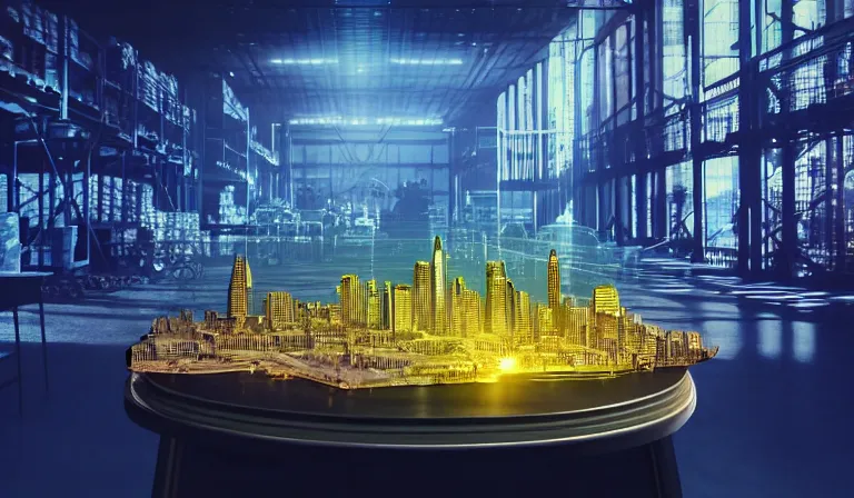 Prompt: crowd in simple warehouse, looking at hologram of futuristic city on a table, cinematic concept art, godrays, golden hour, natural sunlight, 4 k, clear details, tabletop model buildings, center model buildings, hologram center, crane shot, crane shot, crane shot