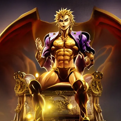 Prompt: dio from jojo's bizarre adventure sitting on a throne, matte art by ross tran, dim lighting, artstation