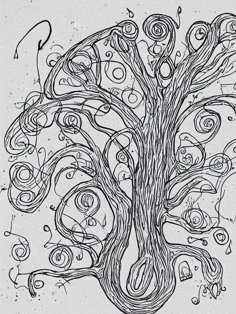 Image similar to single line drawing of an acorn growing into a tree in shape of treble clef, splash of color, voroni diagram