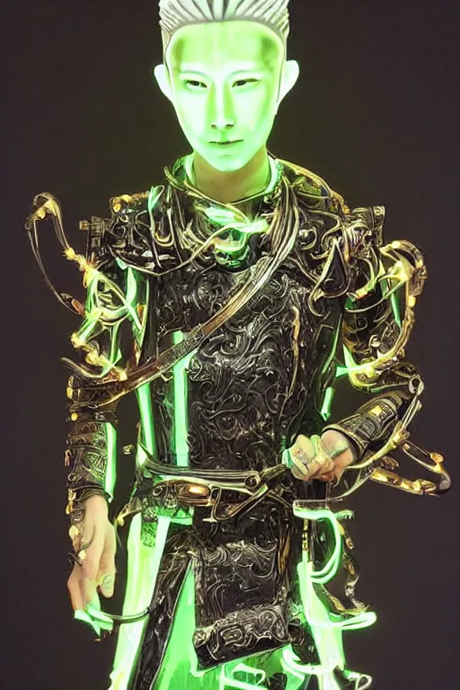 Image similar to full-body neon porcelain bladerunner style sculpture of a young handsome Japanese samurai prince as a half android with a porcelain chest opening exposing circuitry and electric sparks, glowing laser beam eyes, crown of giant diamonds, flowing neon-colored silk, fabric, raptors. baroque elements. full-length view. baroque element. intricate artwork by caravaggio. Very very very very highly detailed epic photo of face. Trending on artstation, octane render, cinematic lighting from the right, hyper realism, octane render, 8k, depth of field, 3D