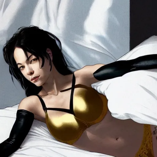 Prompt: portrait of cassandra cain wearing gold bra, looking at camera, laying on bed!!, attractive, casual, modern, victoria's secret, highly detailed, digital painting, artstation, concept art, smooth, sharp focus, illustration, art by artgerm, greg rutkowski and alphonse mucha