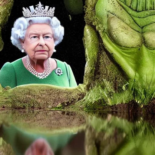 Prompt: queen elizabeth taking a mud bath in shreks swamp, professional photograph, highly detailed,