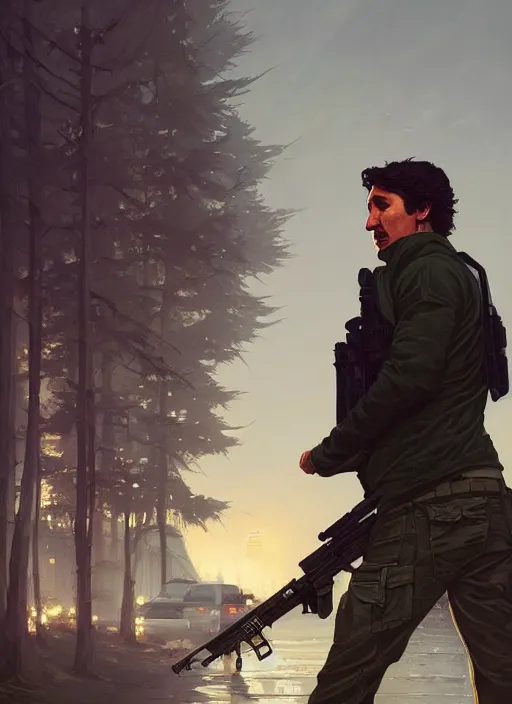 Image similar to highly detailed portrait justin trudeau in street gang attire holding ar - 1 5! in gta v stephen bliss unreal engine fantasy art by greg rutkowski loish rhads ferdinand knab makoto shinkai lois van baarle ilya kuvshinov rossdraws tom bagshaw global illumination radiant light detailed intricate environment