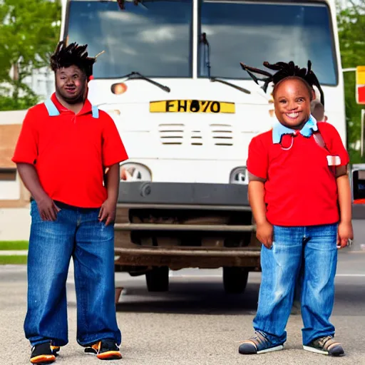 Image similar to african american male school bus driver with dreads, and chubby legs, nametag