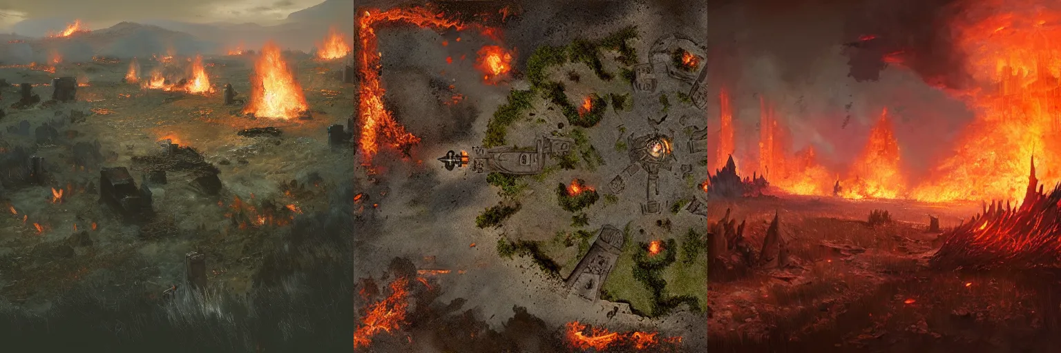 Prompt: RPG battlemap of a ruined flaming battlefield, by Greg Rutkowski