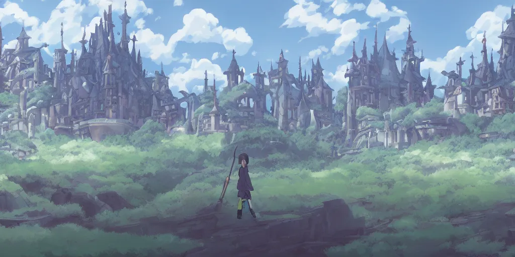 Image similar to landscape, Little Witch Academia, no people, Ghibli, Anime Background, Miyazaki Hayao, concept art, illustration,smooth, sharp focus, intricate, super wide angle, trending on artstation, trending on deviantart, 4K