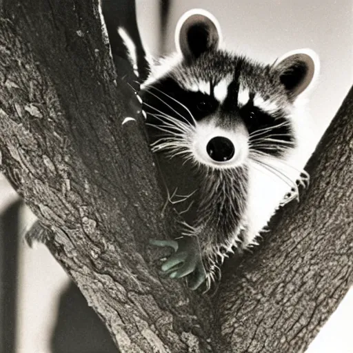 Prompt: 1 9 6 8 national geographic, raccoon on roof, backlit,