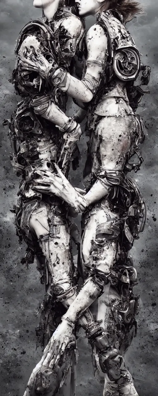 Image similar to Emma Watson fractal armour twinned conjoined sisters action poses dishevelled photorealistic portrait grimy sweating wet face dirty t-shirt and torn jeans in broken biomechanical fractal armour abandoned exploding sci-fi gas station, dark and dim atmospheric smog trending on artstation 8k matte painting, dramatic lighting, dramatic shadows professional photograph by Irving Penn