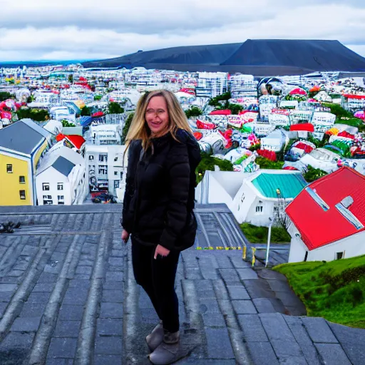 Image similar to standing at the top of hallgrimskirkja, looking out over reykjavik, colorful rooftops and city roads below, mountains in the distance