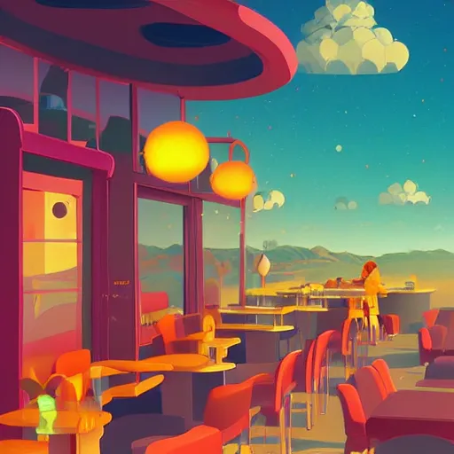 Image similar to cafe in the clouds, brightly illuminated by rays of sun, artstation, colorful sylvain sarrailh illustration, by peter chan, day of the tentacle style, twisted shapes