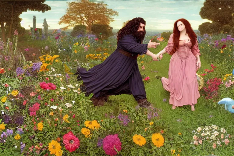 Image similar to hagrid the viking and morticia addams frolicking in a field of various flowers, fairy garden, masterpiece, highly detailed, oil on canvas, art by kilian eng and frederic leighton and rosetti