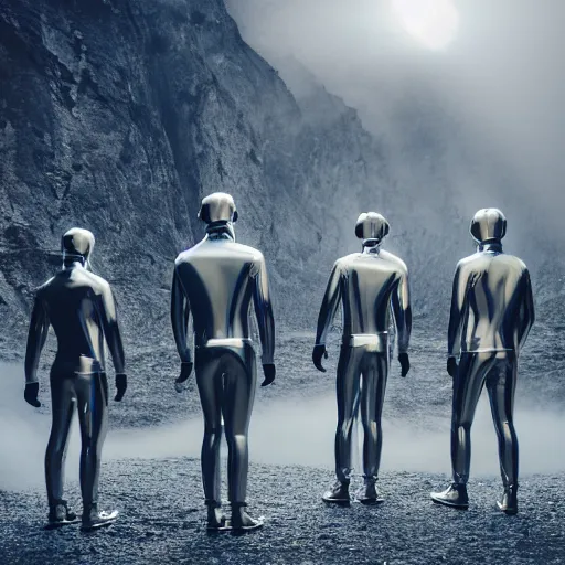 Prompt: unsplash contest winning photo, a giant crowd of men in full - body shiny reflective silver latex suits including masks and pants and shirts, inside a colorful dramatic unique rocky western landscape, low fog, neon light tube