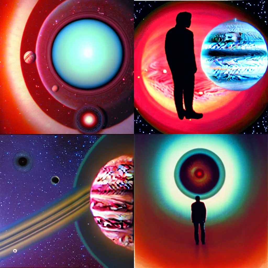 Image similar to HAL 9000 dreaming of Jupiter. Surreal, artistic.