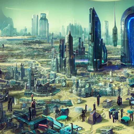 Prompt: a photo of humans on another planet, AI created city!!!!!!!, vivid, other worldly