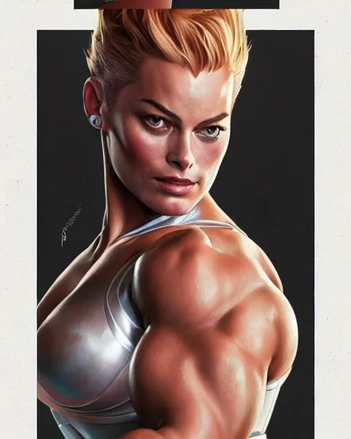 Image similar to full figure ultra realistic illustration, margot robbie as thick female bodybuilder zarya from overwatch, intricate, elegant, highly detailed, digital painting, artstation, concept art, smooth, sharp focus, illustration, art by artgerm and greg rutkowski and alphonse mucha