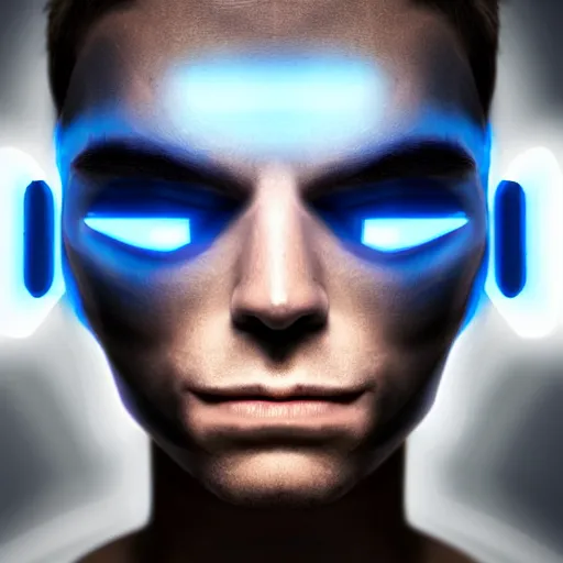 Image similar to a male cybernetic person with blue glowing eyes, frontal view, cool looking