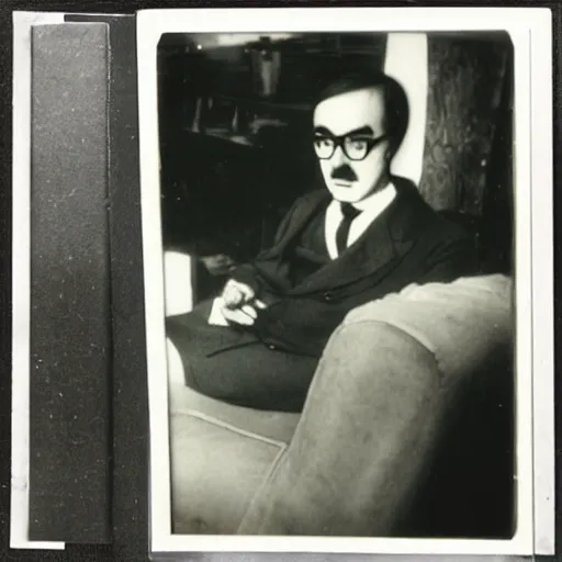 Prompt: old polaroid of Fernando Pessoa in a cafe drinking wine