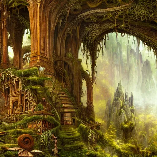 Image similar to a beautiful and highly detailed oil painting of an elven kingdom deep in the lush mountains, tangled wooden structures, stone brick structures, ancient runes, intricate details, epic scale, insanely complex, 8 k, sharp focus, hyper realism, fantasy landscape, psychedelic, by caspar friedrich and brian froud,