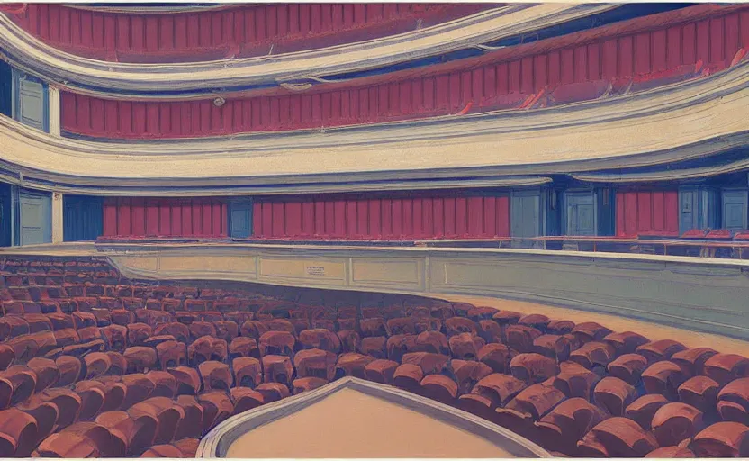 Prompt: Inside a Opera house, very coherent, painted by Edward Hopper, Wayne Barlowe, painted by James Gilleard, airbrush, art by JamesJean