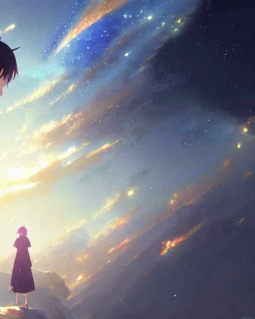 Prompt: makoto shinkai concept art of descending quran from the nebula cloud, key visual, ambient lighting, highly detailed, digital painting, artstation, concept art, sharp focus, by makoto shinkai and akihiko yoshida and hidari and wlop and greg rutkowski