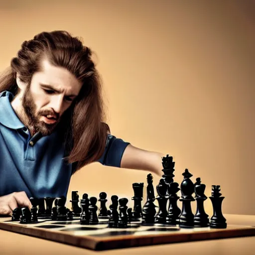 Prompt: A long haired man plays chess with a robot, hyper realistic, HD, HQ, photo realistic