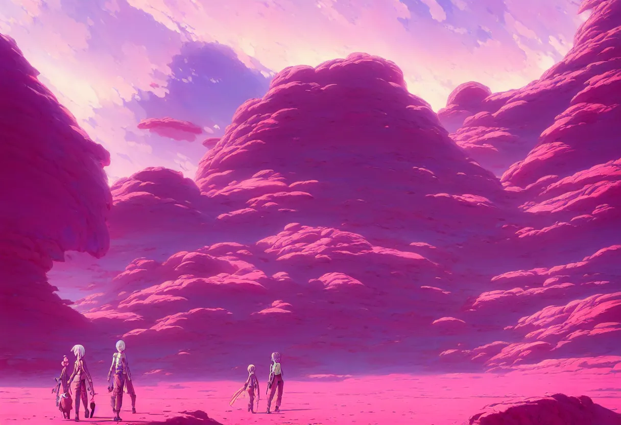 Prompt: arid planet, pink intricate oil painting, high detail illustration, sharp high detail, manga and anime 1 9 9 9, official fanart behance hd artstation by jesper ejsing and makoto shinkai, 4 k