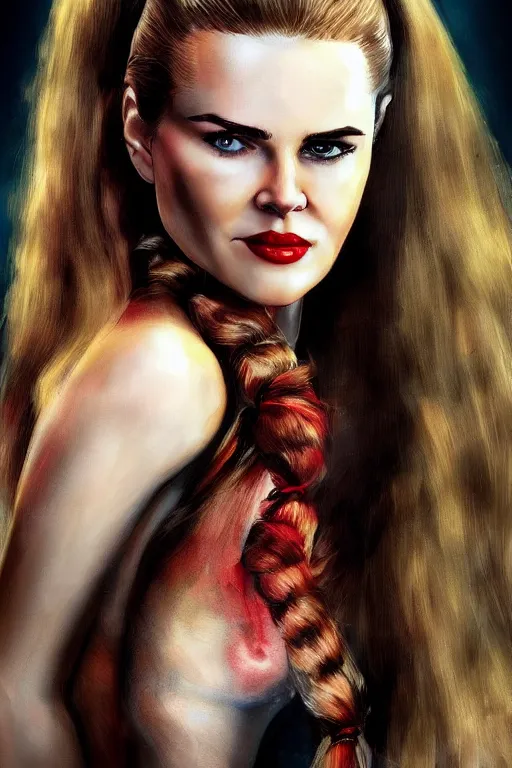 Image similar to mix of beautiful young maria shriver, mariel hemmingway, brooke shields, nicole kidman and elle macpherson as a snake girl with fangs, thin lips, hair tied up in a pony tail, dark blonde hair, colorful, artstation, cgsociety